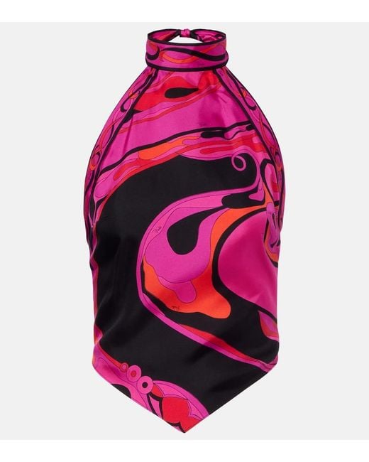 Emilio Pucci Pink Orchidee Halterneck Silk Twill Top