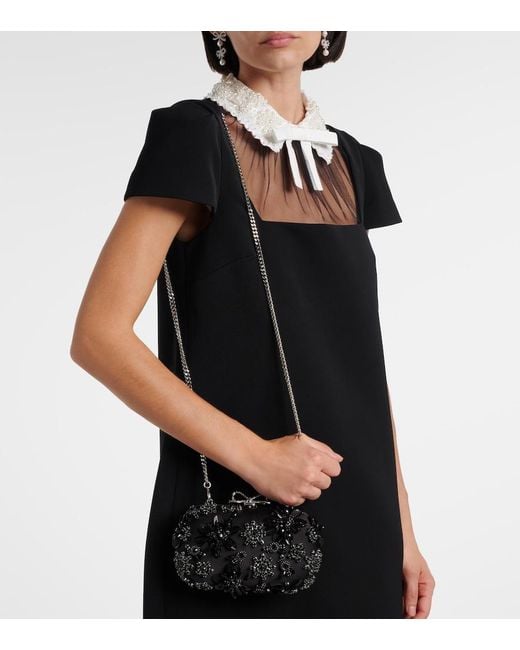 Self-Portrait Black Crystal-Embellished Floral Satin Clutch