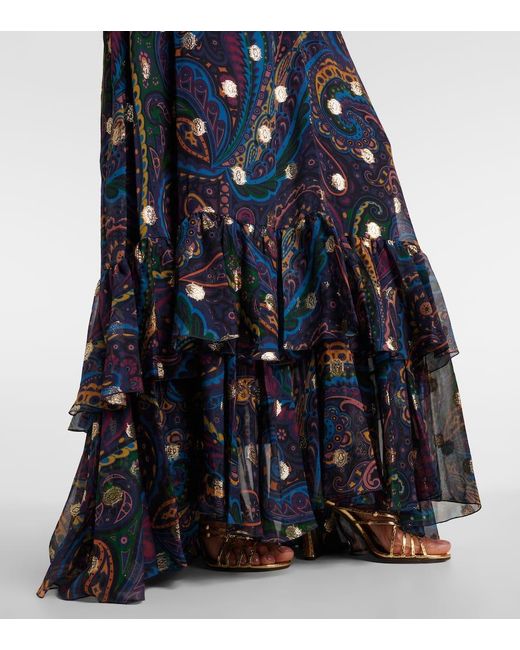 Falda Larga De Seda Con Paisley Y Volantes Etro de color Blue