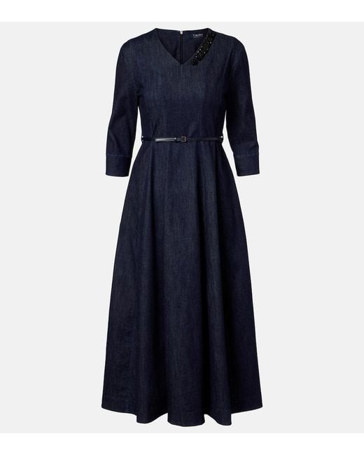 Max Mara Blue Vela Embellished Belted Denim Midi Dress