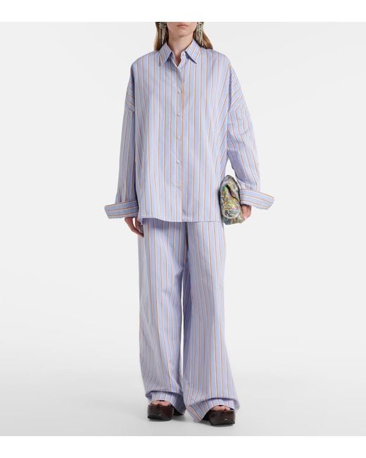 Dries Van Noten Blue Striped Cotton Wide-Leg Pants