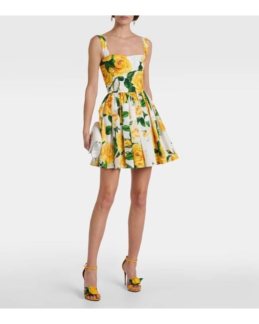 Dolce & Gabbana Yellow Minikleid Aus Baumwollpopeline Mit Blumenprint Und Falten