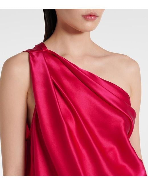 The Sei Red One-Shoulder Draped Silk Satin Top