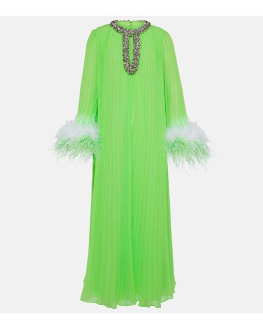 Self-Portrait Green Pleated Feather-trimmed Chiffon Gown
