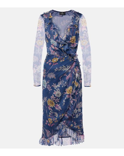 Etro Blue Floral Silk Wrap Dress