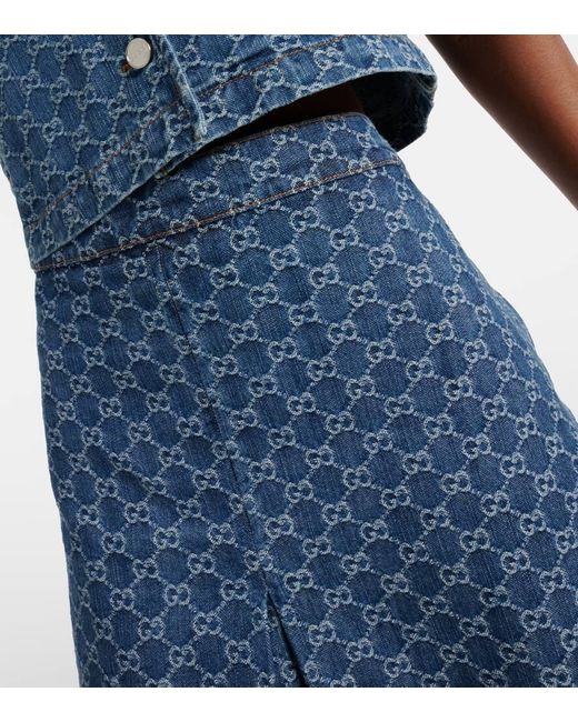 Gucci Blue GG Pleated Denim Jacquard Midi Skirt