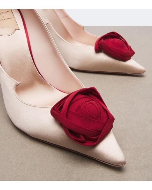 Roger Vivier Pink Rose Vivier Floral-Applique Satin Pumps
