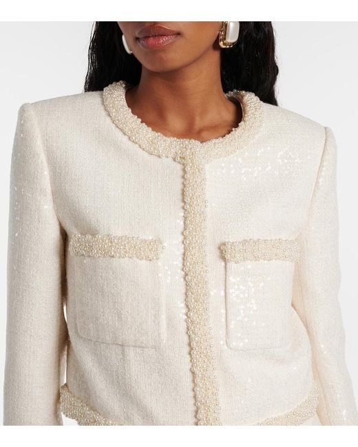 Self-Portrait White Bouclé Faux-Pearl-Trim Jacket