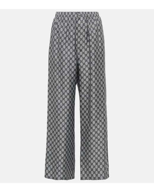 Gucci Gray GG Silk Twill Wide-leg Pants