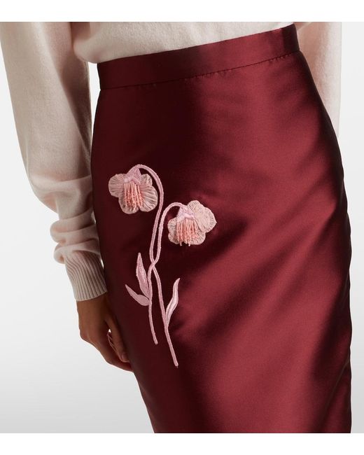 Erdem Red Floral-Applique Satin Slip Skirt