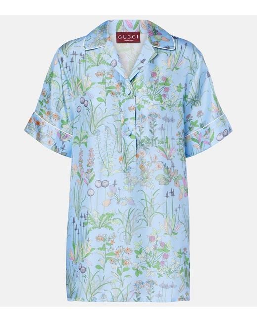 Gucci Blue Flora Silk Satin Polo Shirt