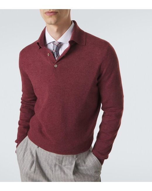 Brunello Cucinelli Red Cashmere Polo Sweater for men