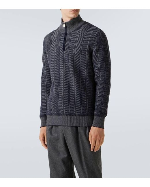 Brunello Cucinelli Blue Herringbone Cashmere Half-Zip Sweater for men