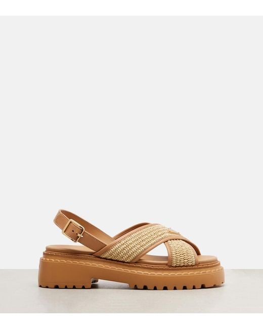 Prada Brown Leather-Raffia Crossover Platform Sandals 55