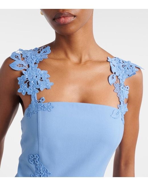 Oscar de la Renta Blue Porcelain Wool-Blend Guipure Midi Dress