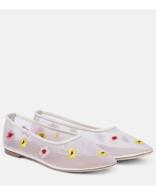 Staud White Alba Floral Mesh Ballet Flats