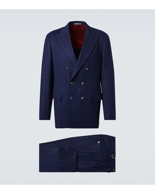 Brunello Cucinelli Blue Pinstripe Wool And Cashmere Suit for men