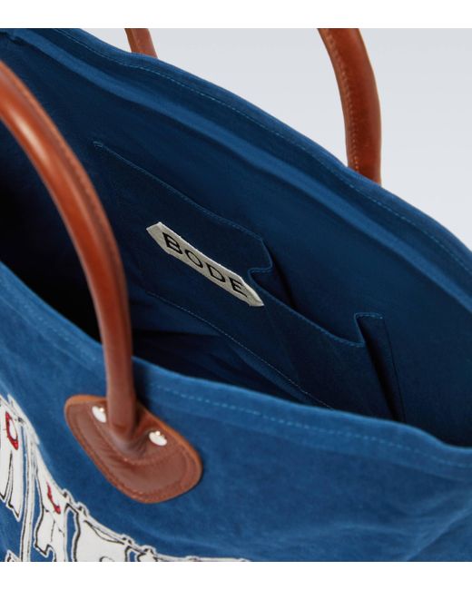 Bode Blue Clothesline Leather-trimmed Canvas Tote Bag for men