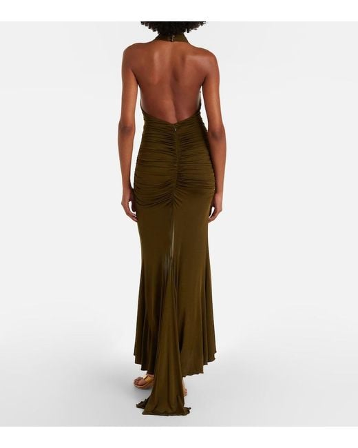 Blumarine Green Floral-Applique Ruched Maxi Dress