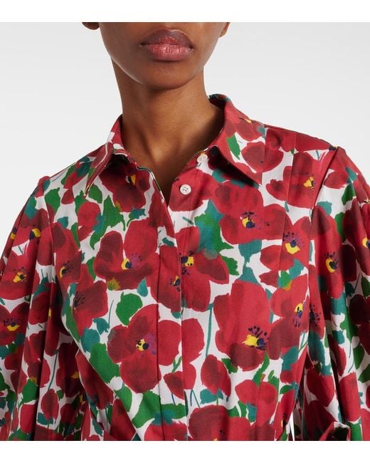 Carolina Herrera Red Floral Cotton-Blend Shirt Dress