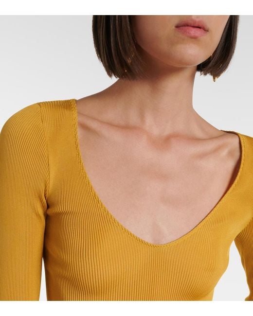 Saint Laurent Yellow Ribbed-Knit Silk Top