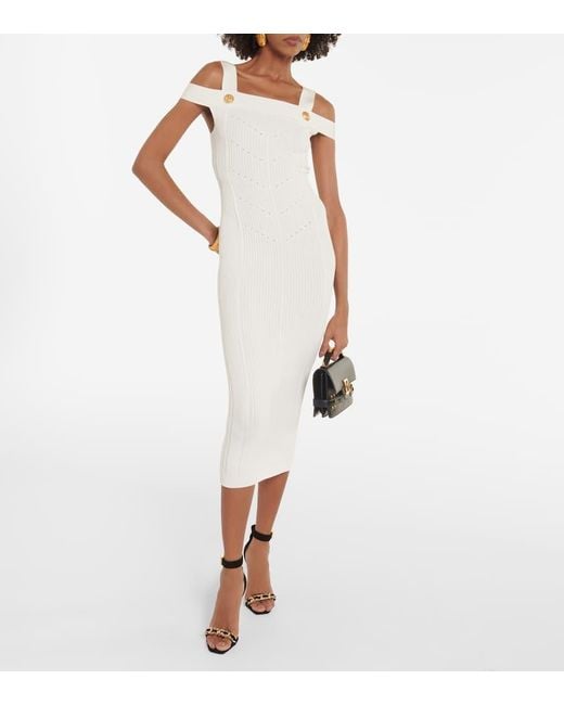 Balmain White Strickte Midi Kleid in sieben
