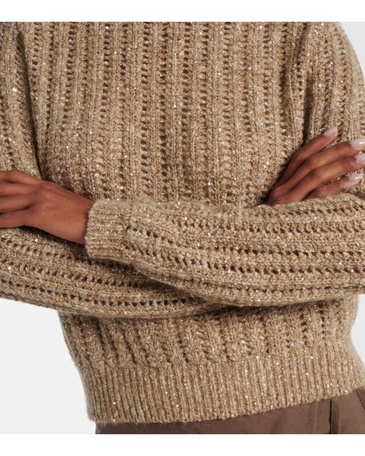 Brunello Cucinelli Brown Open-Knit Sequined Sweater