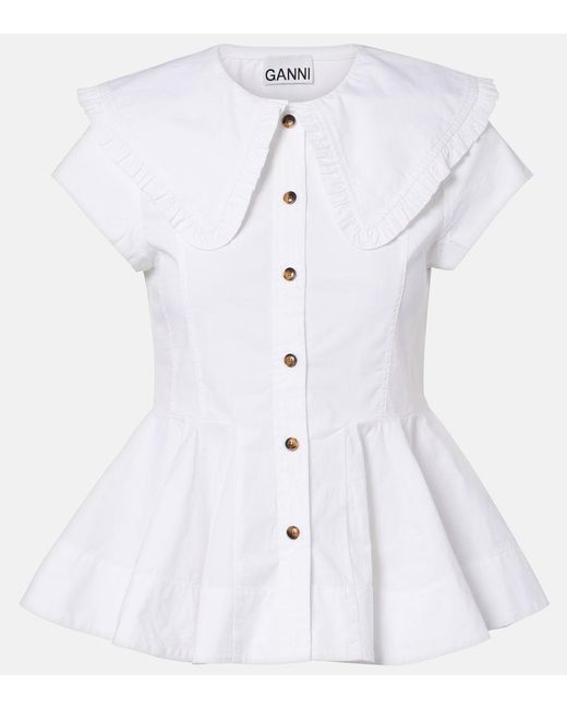 Ganni White Ruffled Cotton-Blend Shirt
