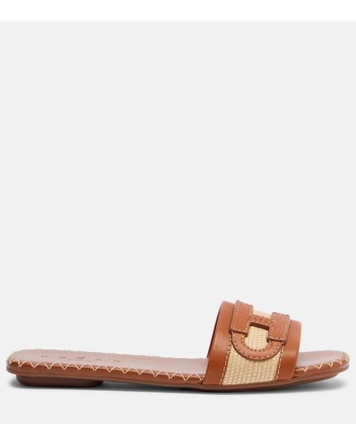 Hogan Brown Leather-Trimmed Raffia Slides