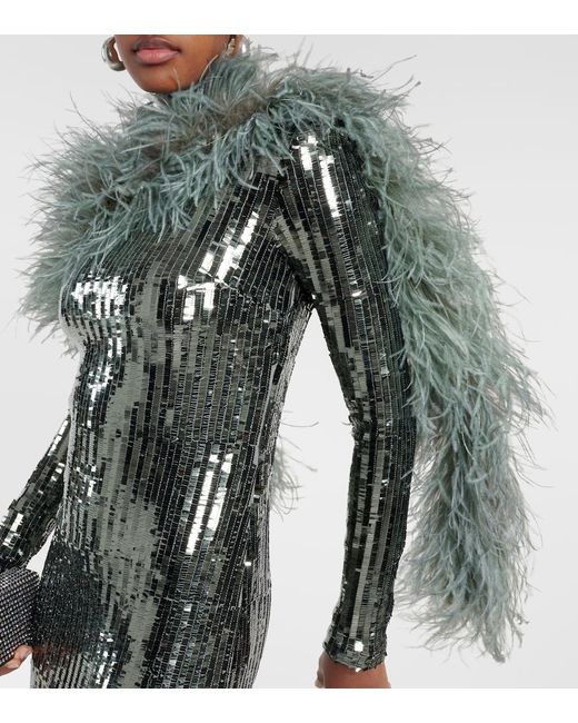 Taller Marmo Gray Garbo Disco Feather-Trimmed Sequined Gown