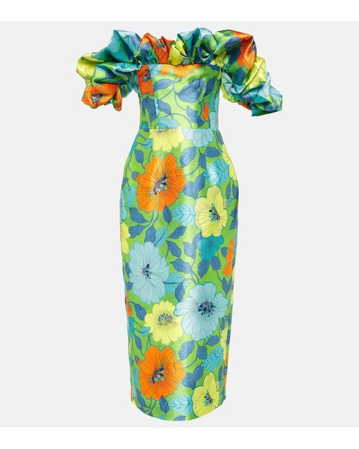 ALMAIS Floral Ruffled Satin Midi Dress in Green | Lyst