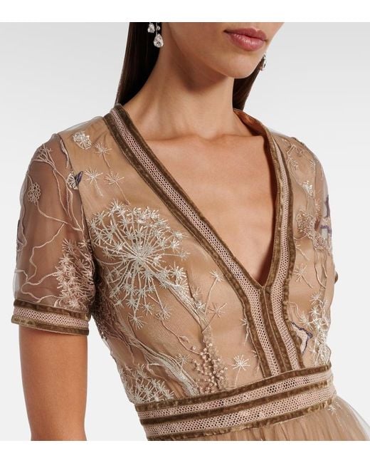 Costarellos Natural Embroidered Tulle Gown