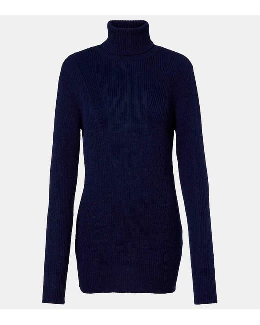 Dries Van Noten Blue Ribbed-Knit Wool Turtleneck Sweater