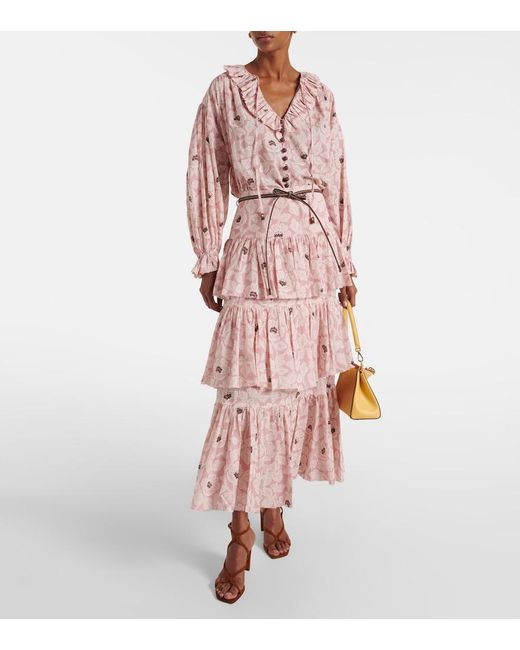 Zimmermann Pink Ottie Ruffled Floral Cotton Top