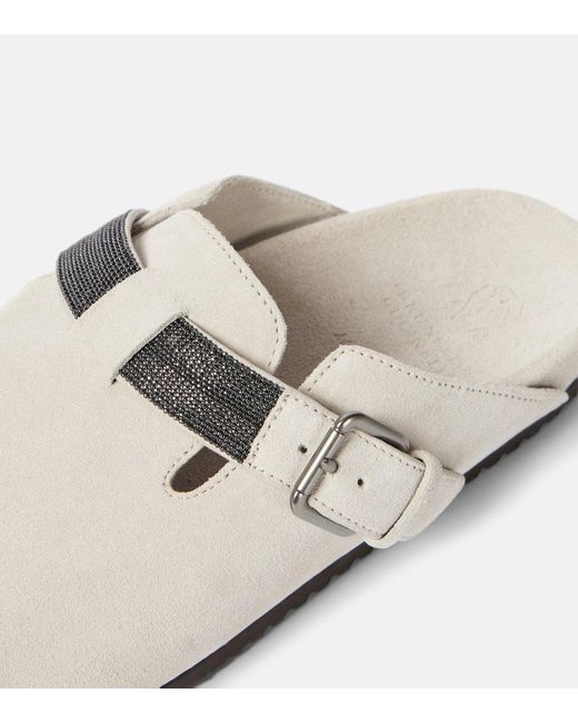 Brunello Cucinelli White Verzierte Slippers aus Veloursleder