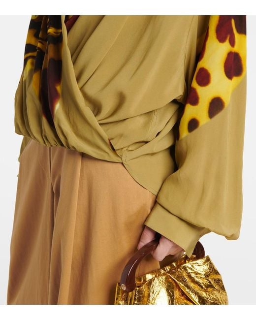Dries Van Noten Yellow Printed Draped Satin Blouse