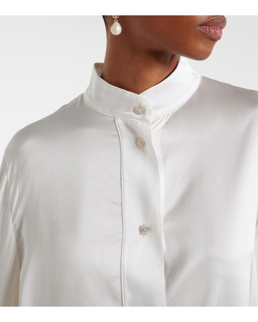 Oseree White Bridal Feather-Trimmed Satin Shirt