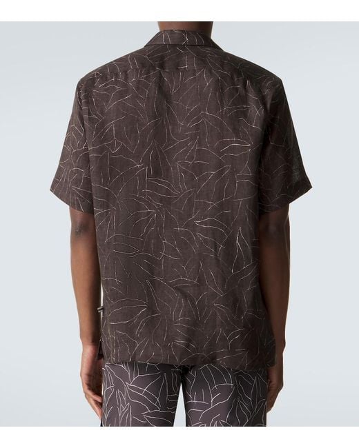 Brioni Black Printed Linen Bowling Shirt for men