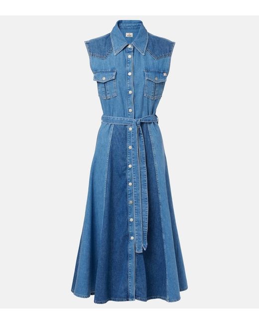 AG Jeans Blue Belted Paneled Denim Midi Dress
