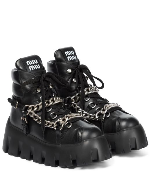 Miu Miu Black Chain-trimmed Leather Combat Boots