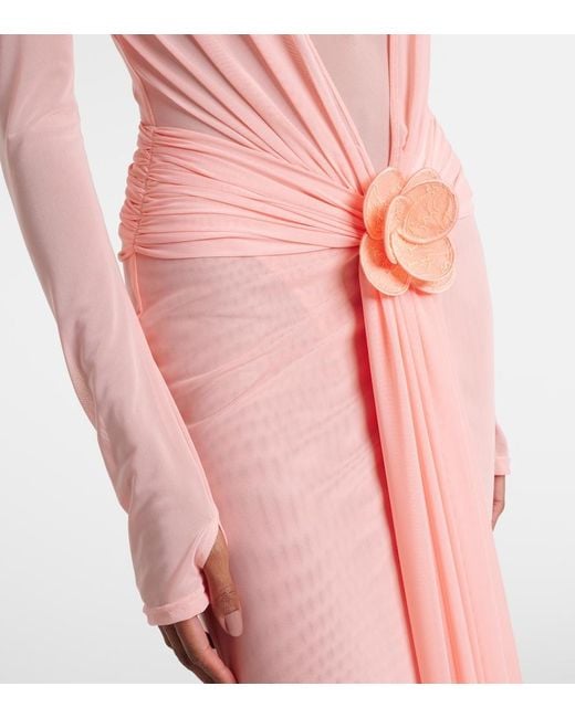 David Koma Pink Draped Floral-Applique Mesh Gown