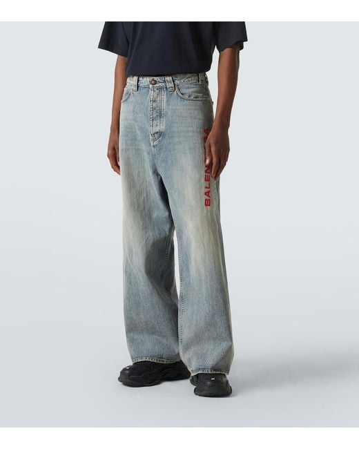 Balenciaga Blue Logo Embroidered Wide-Leg Jeans for men