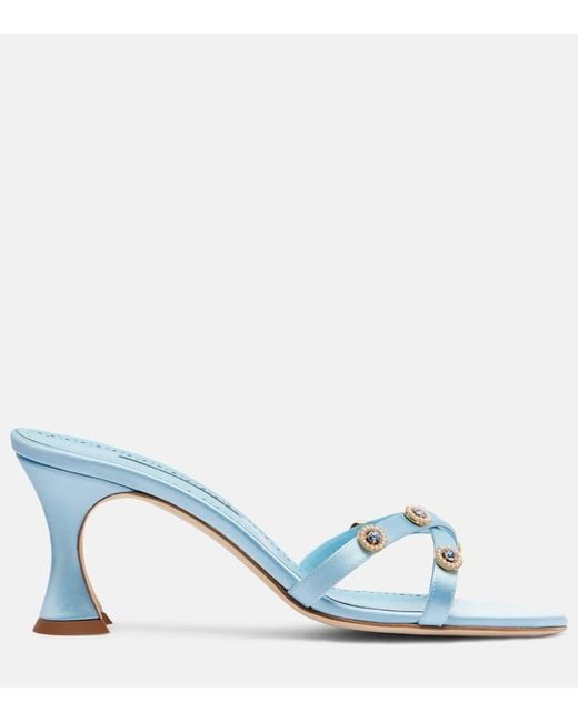 Manolo Blahnik Blue Pyrenea Embellished Satin Mules