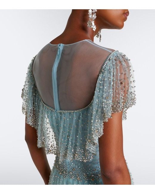 Costarellos Blue Crystal-Embellished Tiered Mesh Gown