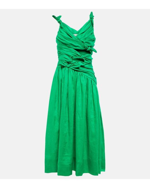 Zimmermann Green Tiggy Bow-Detail Pleated Midi Dress
