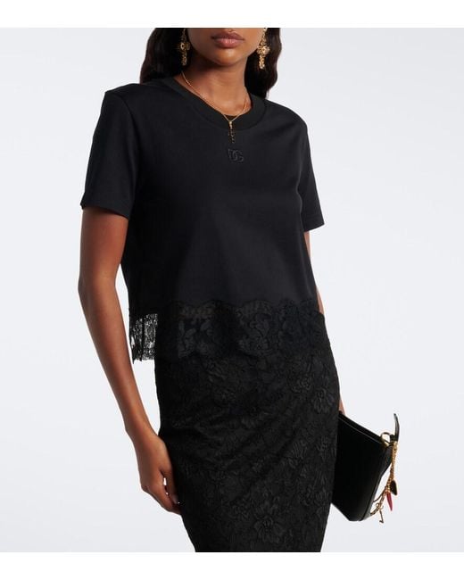 Dolce & Gabbana Black Dg Lace-Trimmed Cotton-Blend T-Shirt
