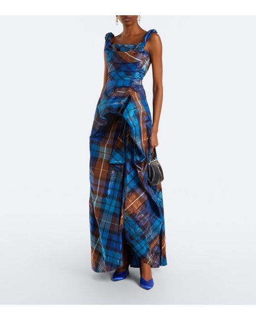 Vivienne Westwood Blue Chichi Draped Plaid Maxi Dress