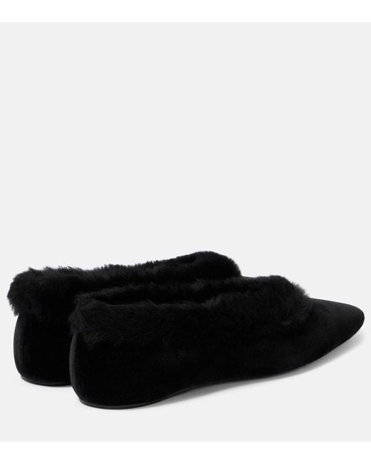 Totême Black Shearling-Edge Flannel Ballet Flats