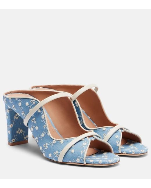 Malone Souliers Blue Norah 70 Leather-Trimmed Denim Mules
