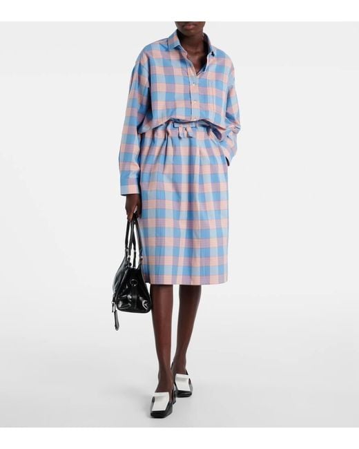 Prada Blue Checked Cotton Poplin Midi Skirt
